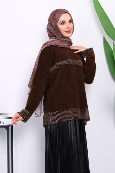 İmajButik Καφέ πλεκτό πουλόβερ με ρίγες Angora Yumoş