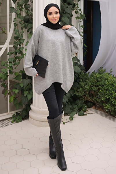 İmajButik Gray Crew Neck Knitwear Sweater