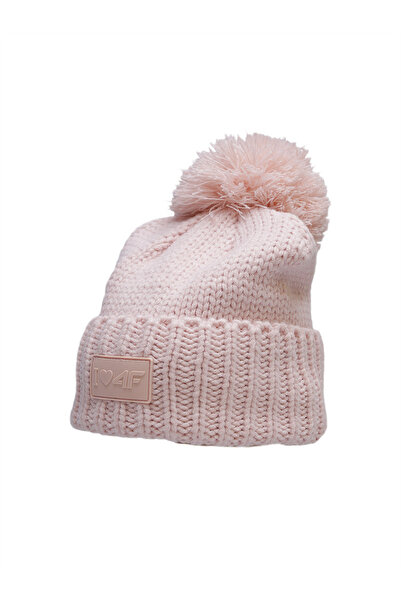 4F Children's winter beanie with pompom acrylic with fleece powder pink warm