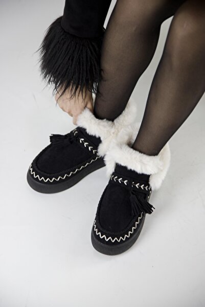 stato 219851142-1P Kadın Yumuşak Rahat Kürklü Bot - Tekstil Süet Kışlık Siyah...