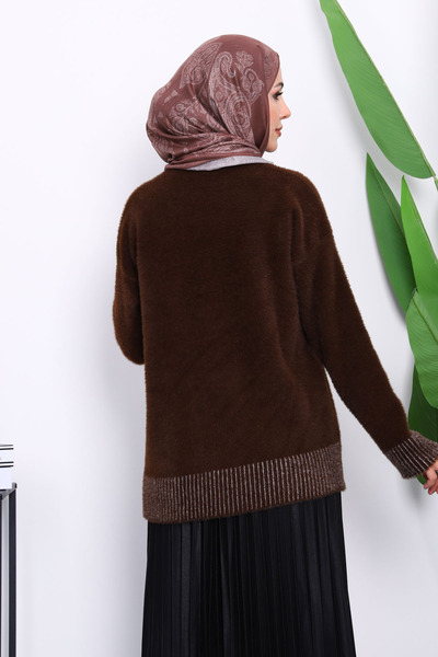 İmajButik Καφέ πλεκτό πουλόβερ με ρίγες Angora Yumoş