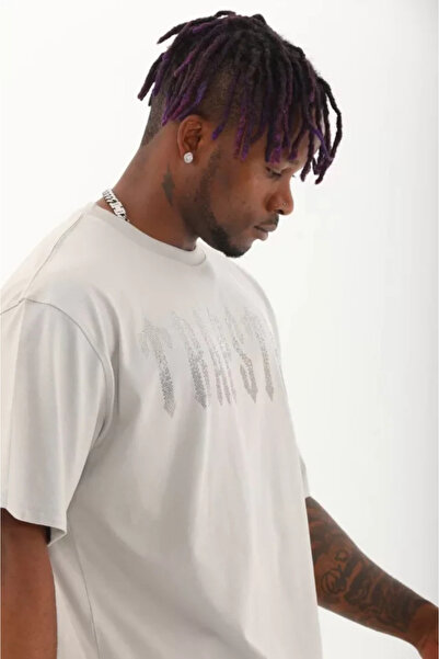 HAZEGO Унісекс оверсайз футболка з каменями та велосипедним коміром - сіра