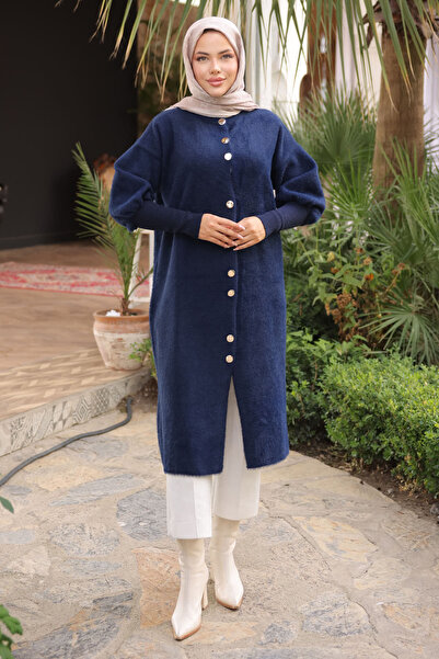 İmajButik سترة أنجورا ناعمة ذات ياقة حاكيم باللون الأزرق الداكن