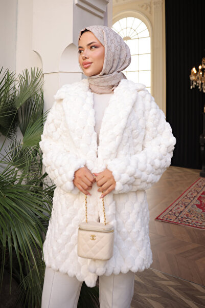 İmajButik Γούνινο παλτό με διπλή τσέπη με γιακά εκρού