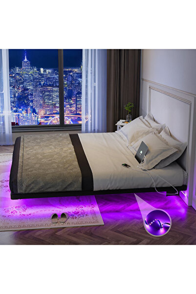 Yanara 200*200cm Smart Floating Bed with LED & Charging - Modern Metal Platform, Easy Setup, No Box Spring