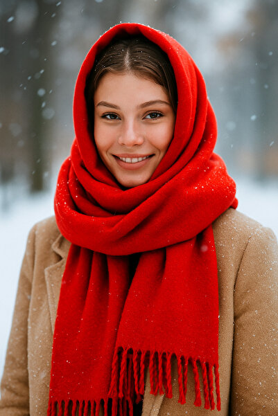 Luminos Butik Red Tassel Scarf – Shawl and Wide Construction, Ideal for Cold Weather Sal1296