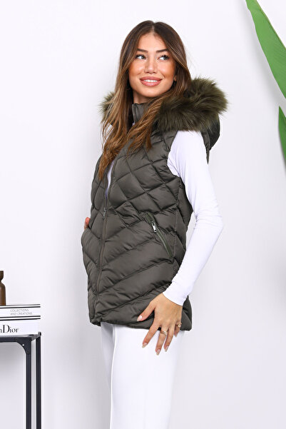 İmajButik Khaki Hooded Puffer Vest with Pockets