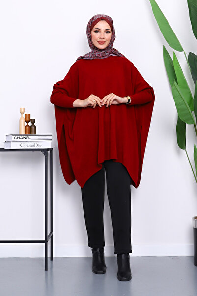 İmajButik Burgundy Batwing Sleeve Poncho Knitwear Tunic
