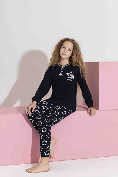 Tarık Girl's 100% Cotton Half Button Interlock Navy Blue Star Pattern Long Sleeve Travel Pajama Set