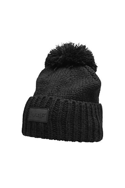 4F Children's winter beanie with pompom acrylic with fleece black warm