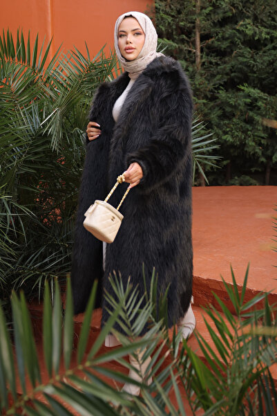 İmajButik Μαύρο γούνινο παλτό με τσέπες