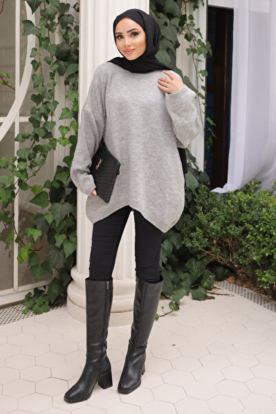 İmajButik Gray Crew Neck Knitwear Sweater
