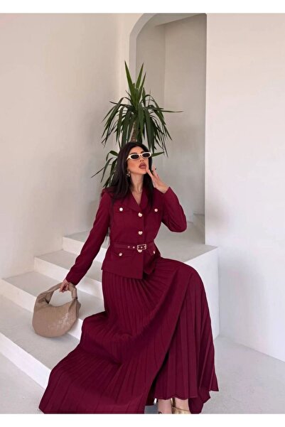 Ekim Store Pileli Etekli Kemerli İkili Blazer Takım