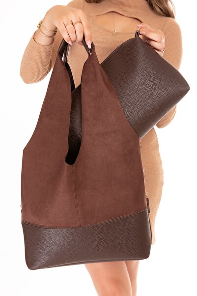 Gondol Geantă de umăr cu detalii din piele intoarsa pentru femei ars.1966 piele intoarsa maro