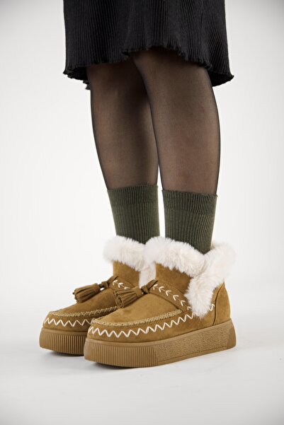 stato 219851142-11P Kadın Yumuşak Rahat Kürklü Bot - Tekstil Süet Kışlık Taba Bot