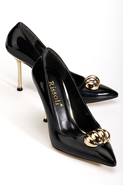 RİSSOLİ Women's Black Patent Leather Gold Buckle Detailed Heeled Stiletto