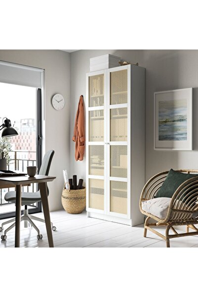 hobiurun Kapaklı kitaplık, beyaz-bambu, 80x30x202 cm