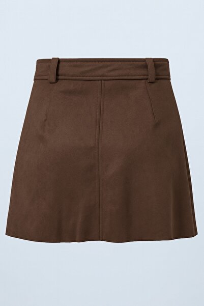 VAGGON Women's Bitter Brown Gold Buckle Belted Suede Look Mini Skirt Vs00853