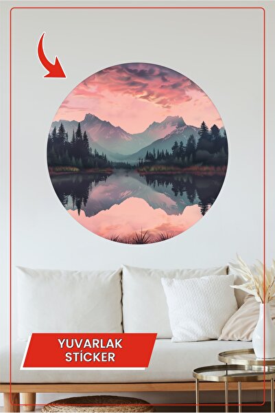 KOSS Dijital Autocolant rotund cu peisaj de munte la apus de soare, autocolan...