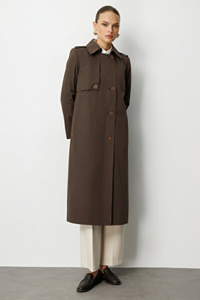 Mizalle Kahverengi Apoletli Klasik Maxi Mac Trençkot