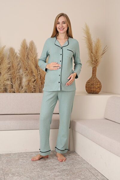 Miss Dünya Lissa Yumoş Textured Maternity and Postpartum Pajama Set Suitable for Breastfeeding with Adjustable Waist Detail