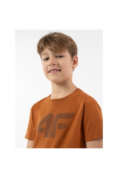 4F Boys' regular T-shirt brown cotton t-shirt with logo 128cm