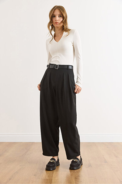 Olalook Women's Black Pocketed Pleated Balloon Polyviscose Flowy Pants Pnt-19000370