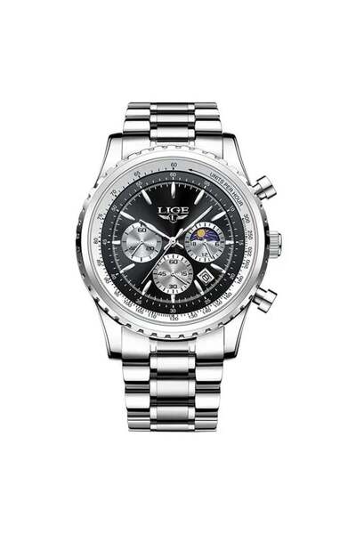 Lige Ανδρικό Ρολόι Quartz Αναλογικό Ανοξείδωτο Ατσάλι Ασημί Μαύρο Χρονογράφος...