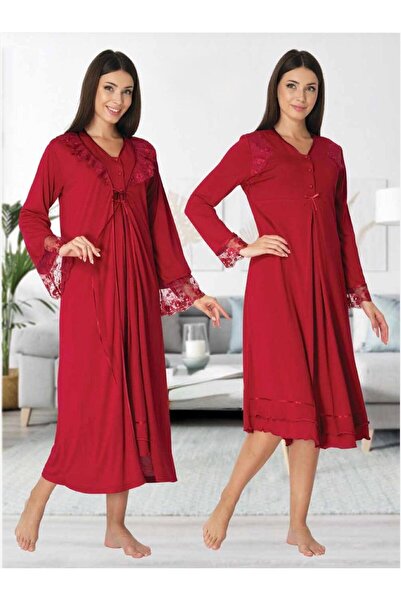 Lohusa Homewear Women's Fuchsia Special Design Lace Detailed Long Sleeve Maternity Nightgown Dressing Gown Set