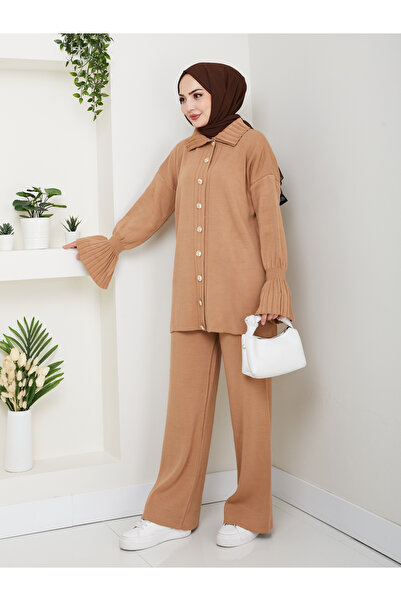 FERHEL Σετ πλεκτό παντελόνι και ζακέτα με λεπτομέρεια πλισέ από την Elit Kol