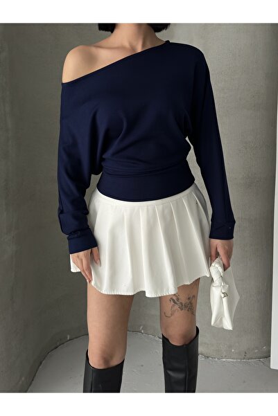 BEJNA Γυναικεία μπλούζα με υφή μοντάλ με ανοιχτό ώμο σε μπλε ναυτικό