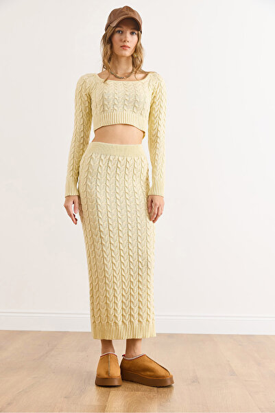 Olalook Жіночий комплект з трикотажної спідниці з плетеним візерунком та капюшоном TKM-19000444