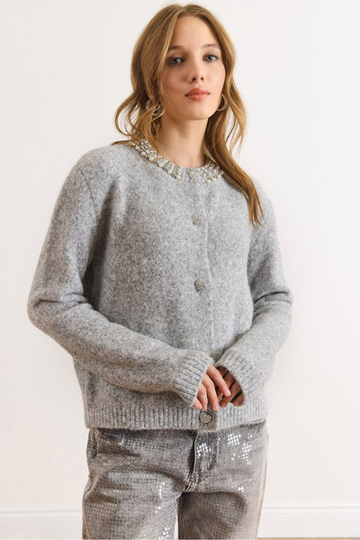 Olalook Women's Gray Collar Stone Detailed Heart Button Knitwear Cardigan Hrk-19000426