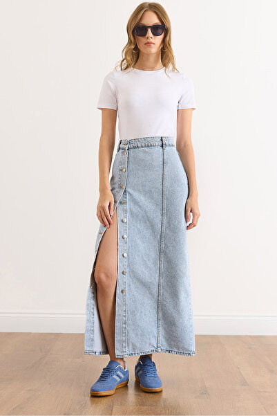 Olalook Жіноча довга джинсова спідниця з відкритими синіми ґудзиками ETK-19000359