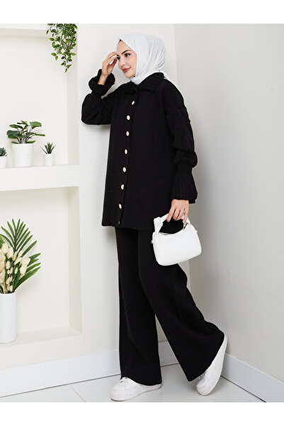 FERHEL Elit Sleeve Pleated Cardigan Pants Knitwear Set