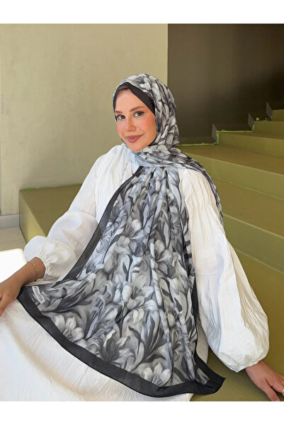 Nûda - Tarzın Değil , Tavrın Zarafeti French Silk Patterned Flowing Shawl Black White