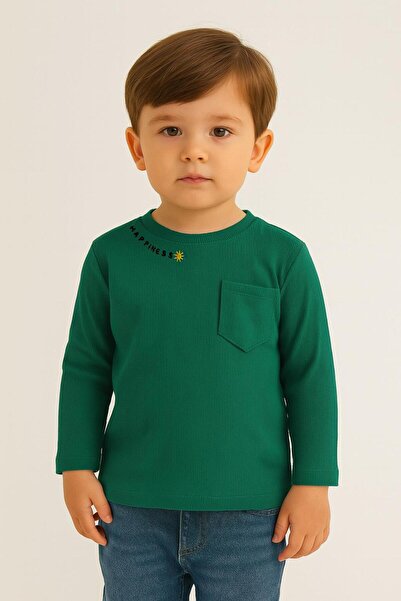 LUESS Unisex Çocuk Happiness Nakışlı Cepli Fitilli Kaşkorse Tişört