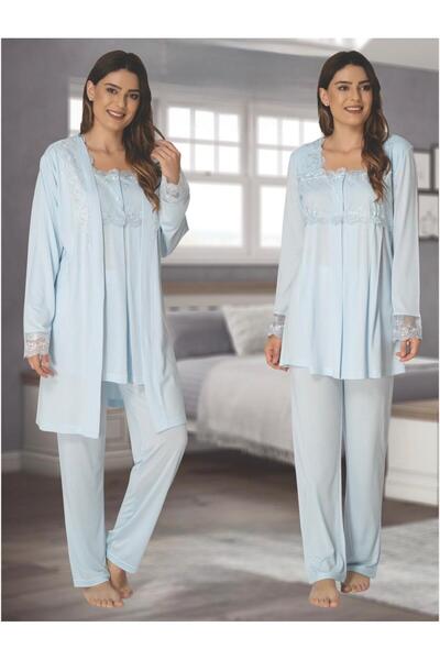Lohusa Homewear Women's Blue Lace Detailed Pregnant Maternity Dressing Gown Pajamas Set 3 Pieces