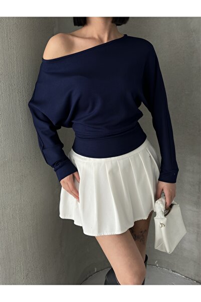 BEJNA Γυναικεία μπλούζα με υφή μοντάλ με ανοιχτό ώμο σε μπλε ναυτικό