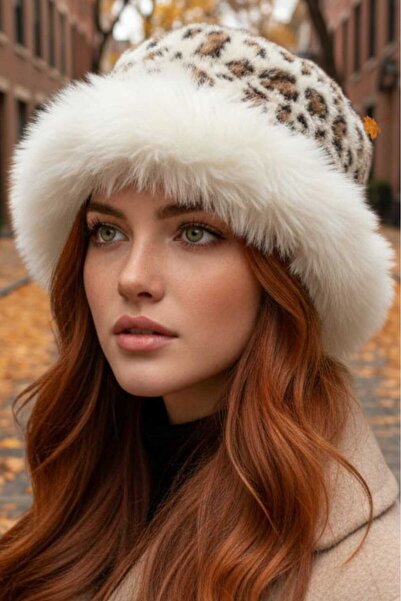 Trenderrs Women's Leopard Patterned Plush Fur Kalpak Hat