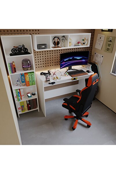 MORİVA HOME %100 Mdf 3 Lü Set Kitaplık,+ Duvar Rafı + Gaming Çalışma Masası Seti - Soft Beyaz Oyuncu Masası