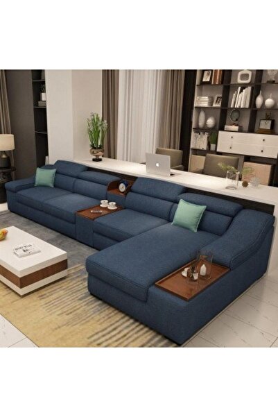 HOME HOUSE أريكة زاوية سويدية من الخشب والكتان - زرقاء