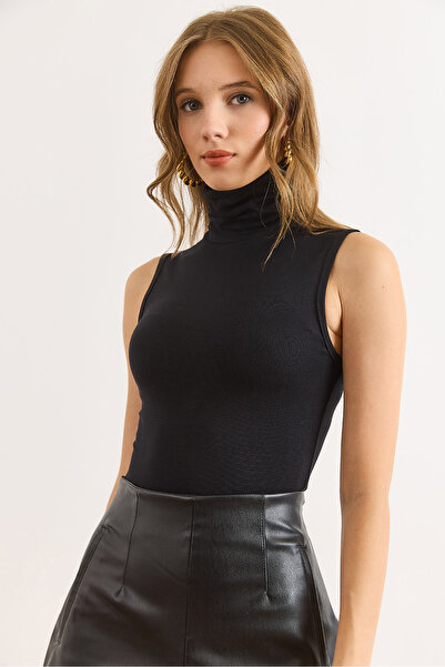 Olalook Women's Black Turtleneck Bodysuit with Six Snaps Soft Textured Bodysuit Bdy-00000064