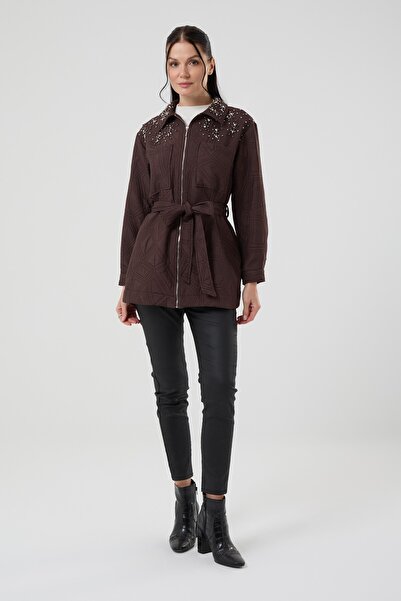 Jupe Women's Collar Stone Detailed Quilted Jacket 9270