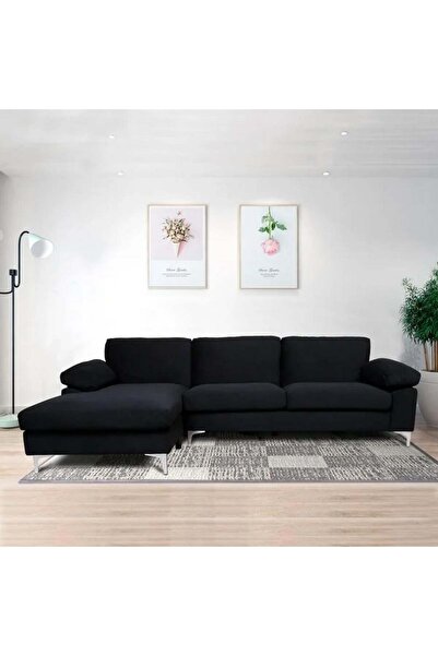 HOME HOUSE أريكة زاوية من خشب السويد والمخمل - أسود