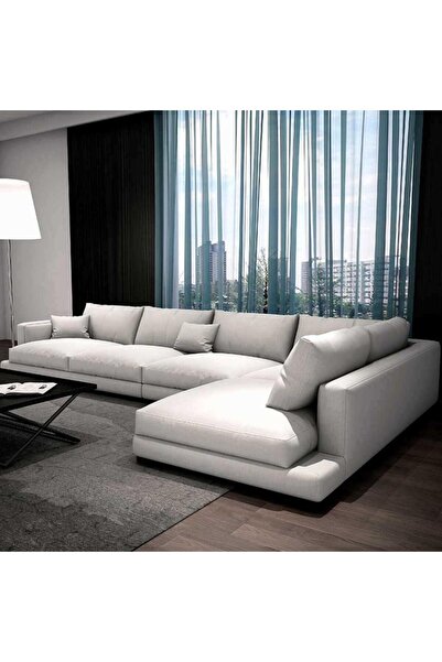 HOME HOUSE أريكة زاوية سويدية من الخشب والكتان - بيضاء