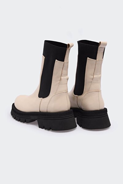 Favgi 150 Bej Deri Siyah Lastik Kadın Bot