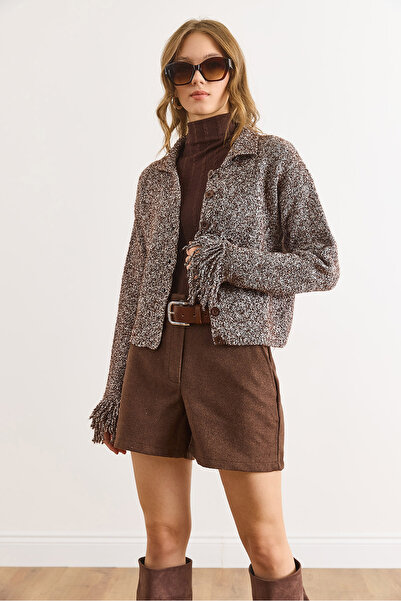 Olalook Kadın Kahverengi Manşeti Saçaklı Kırçıllı Triko Hırka HRK-19000419