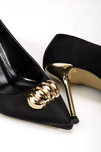 RİSSOLİ Women's Black Satin Gold Buckle Detailed Heeled Stiletto