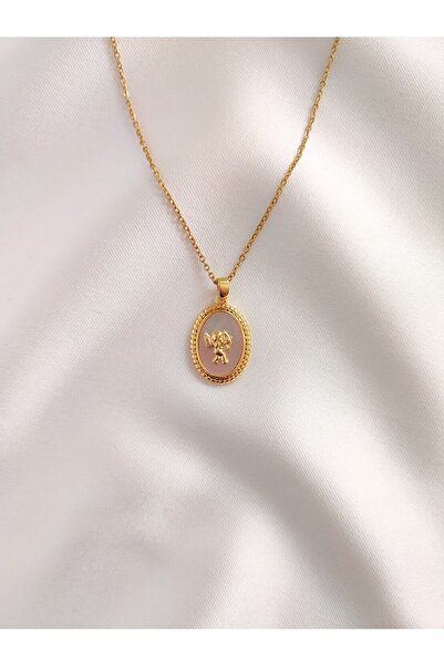 Evorya Kadın Paslanmaz Çelik Gold Oval Otantik Eros Aşk Tanrısı Figürlü Kolye